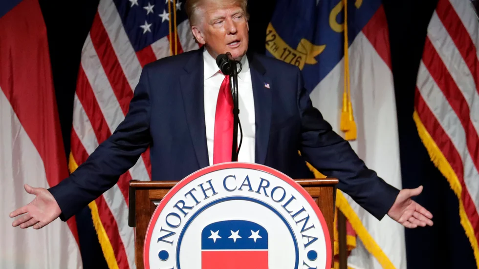USA:s tidigare president Donald Trump under ett tal vid ett republikanskt partikonvent i North Carolina den 5 juni.
