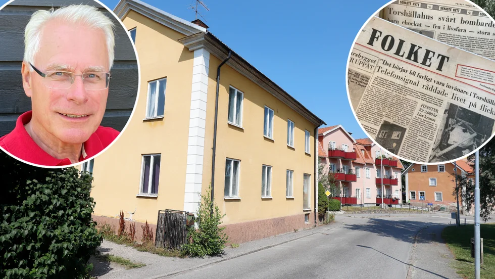 Thomas Sahlmén, som idag bor i Göteborg, var fem år när sprängskottet gick av och ställde till med stor förödelse i Torshälla i november 1957. Han befann sig i sina föräldrars konditori (gula byggnaden) när olyckan inträffade.