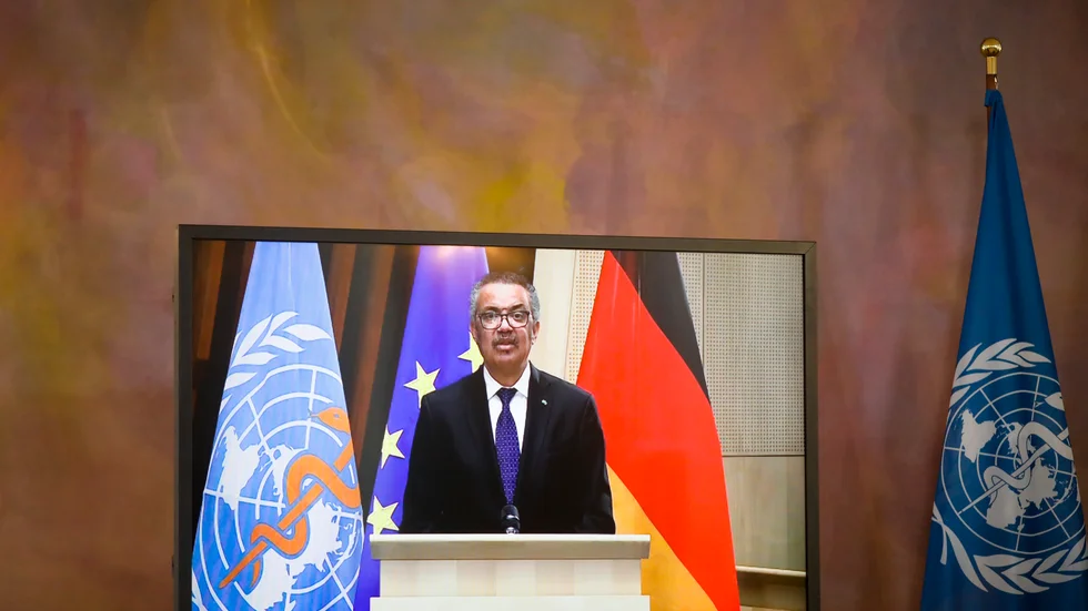 WHO-chefen Tedros Adhanom Ghebreyesus vid en virtuell presskonferens. Arkivbild