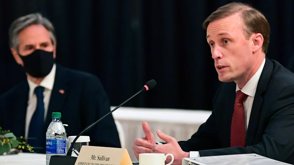 USA:s nationelle säkerhetsrådgivare Jake Sullivan (till höger) med USA:s utrikesminister Antony Blinken. Arkivbild.