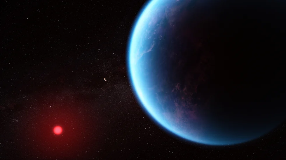 En illustration av hur exoplaneten K2-18b skulle kunna se ut, baserat på vetenskaplig data.