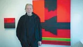 Horisont, den största av målningarna och konstnären Nils Kölare, i Norrköping, på Galleri Sander  på Kulturnatten.