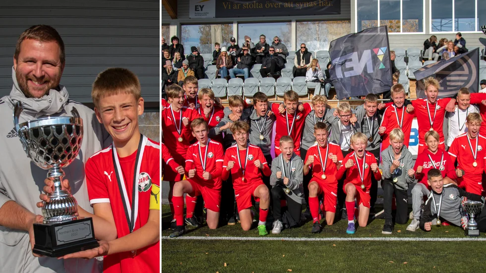 David Berthelsen (tv) delade ut en av NET-pokalerna den gångna helgen, här till finska laget FF Jaro från Jakobstad, som är tillbaka i helgen när klasserna 15–17 år ska avgöras i Skellefteå. 
