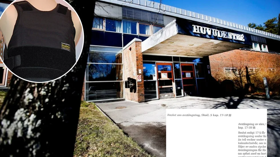 En 17-årig elev på Rekarnegymnasiet stängdes av efter att han kommit till skolan i vad han själv kallat en knivväst, dock inte skyddsvästen på bilden. 