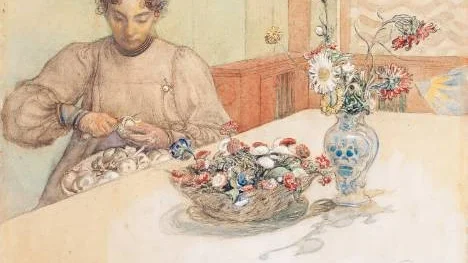 "Karin skalar äpplen" av Carl Larsson donerades till Norrköpings konstmuseum av Pehr Swartz 1920.