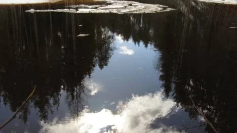 Sol, moln och vackert blå himmel speglas i Stockforsälven, när snön smälter och fyller älvfåran till brädden.