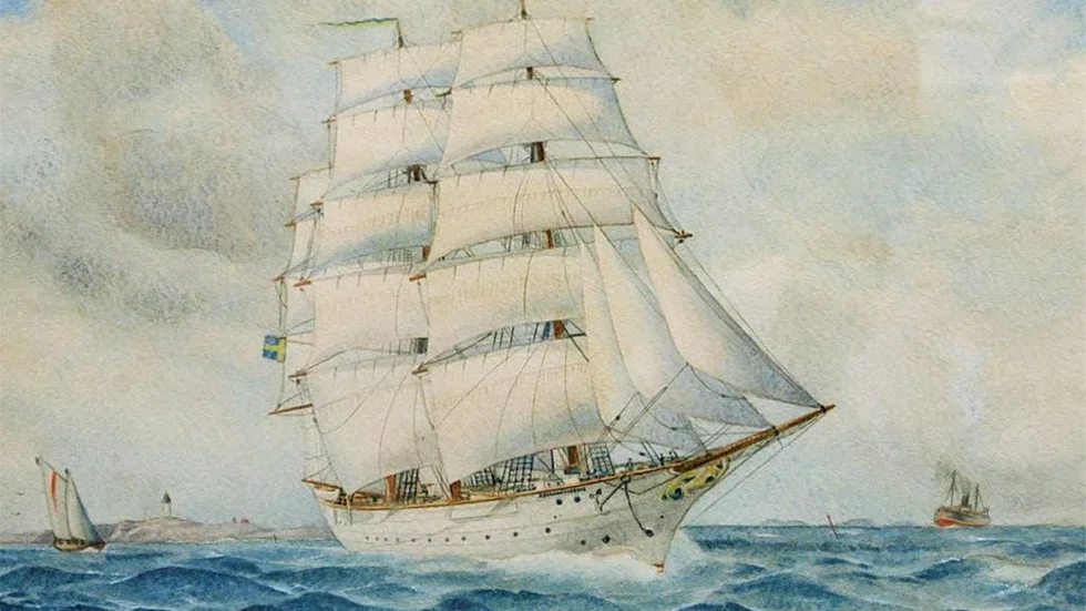Jacob Häggs målning av skolskeppet Abraham Rydberg som med fulla segel lämnar Landsort och tar farväl av lotsen. I bakgrunden kan man se gotlandsbåten på väg mot Stockholm.