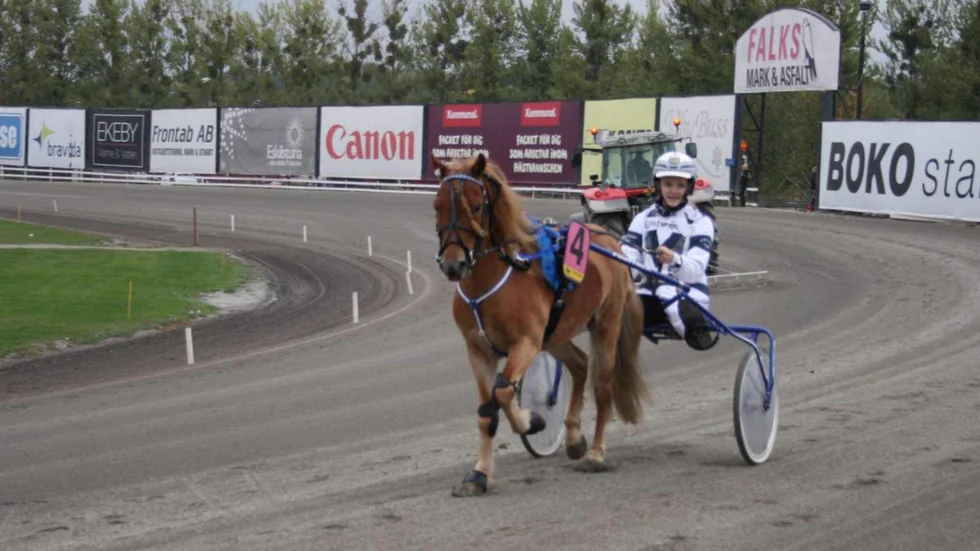 Elin Frössevi Skogh och Znarv ett vinnande ekipage från Österåker vid Sundbyholms ponnytrav.