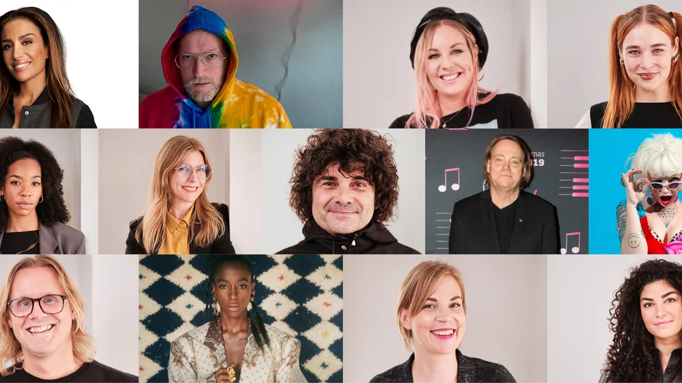 Popjuryn i Musikförläggarnas pris. Från vänster: Ametist Azordegan, Axel Willner, Annah Björk, Caroline “Grant” Cederlöf, Janice Kavander, Christel Valsinger, Pär Wiksten, Lars Nylin, Moa “Cazzi Opeia” Carlebecker, Magnus Broni, Sabina Ddumba, Sara-Märta Höglund, Selen Özan.