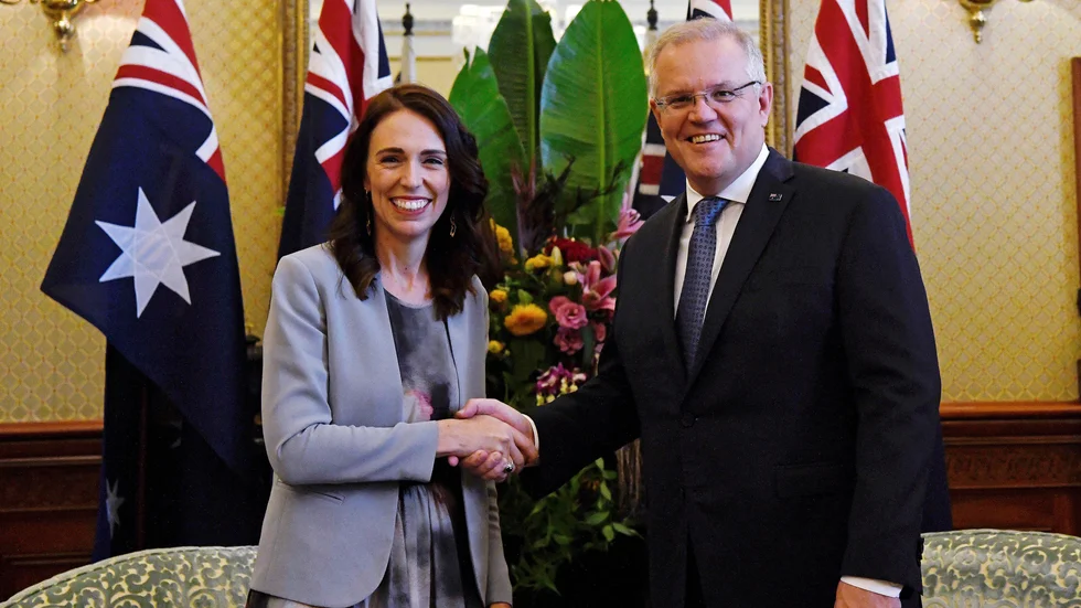 Nya Zeelands premiärminister Jacinda Ardern och Australiens dito Scott Morrison. Arkivbild från ett besök av Ardern i Australien i februari i år.
