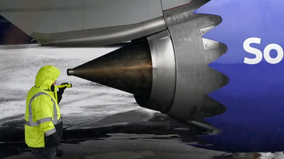 En motor inspekteras på en Boeing 737 Max 8 på Renton Municipal Airport i USA-delstaten Washington. Bild från tester i november.