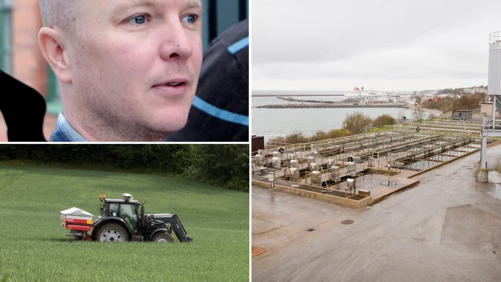 Överst t.v: VA-utvecklare Jonas Lindström. Nederst t.v: Gödselspridning på åker. T.h: Visby reningsverk.