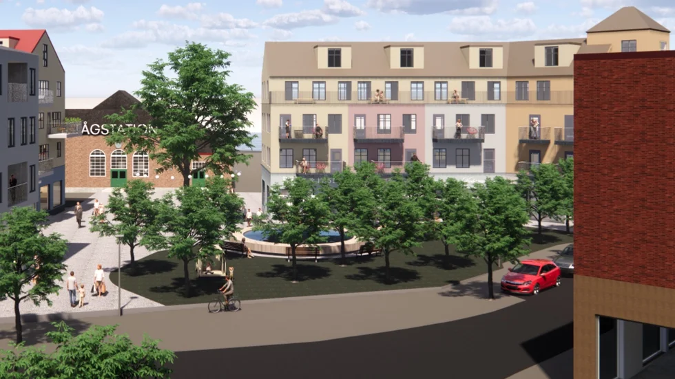 Så här hade vyn från Tingshusbacken ner mot Stora torget och stationen kunnat se ut, enligt nya skisser.