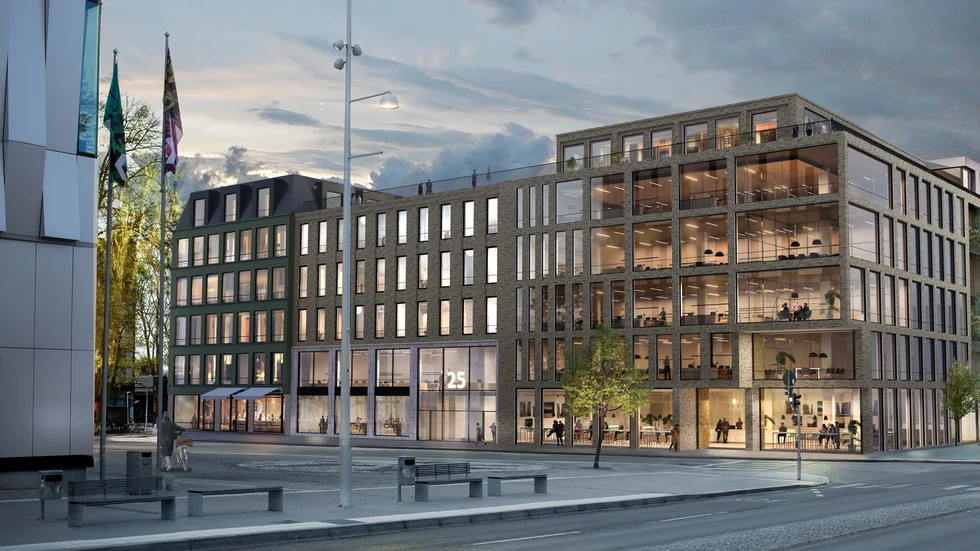 Nya Sivia torg planeras med stora glaspartier i markplan och takterrass. Vy från Vaksalagatan. Exakt utseende bestäms senare.