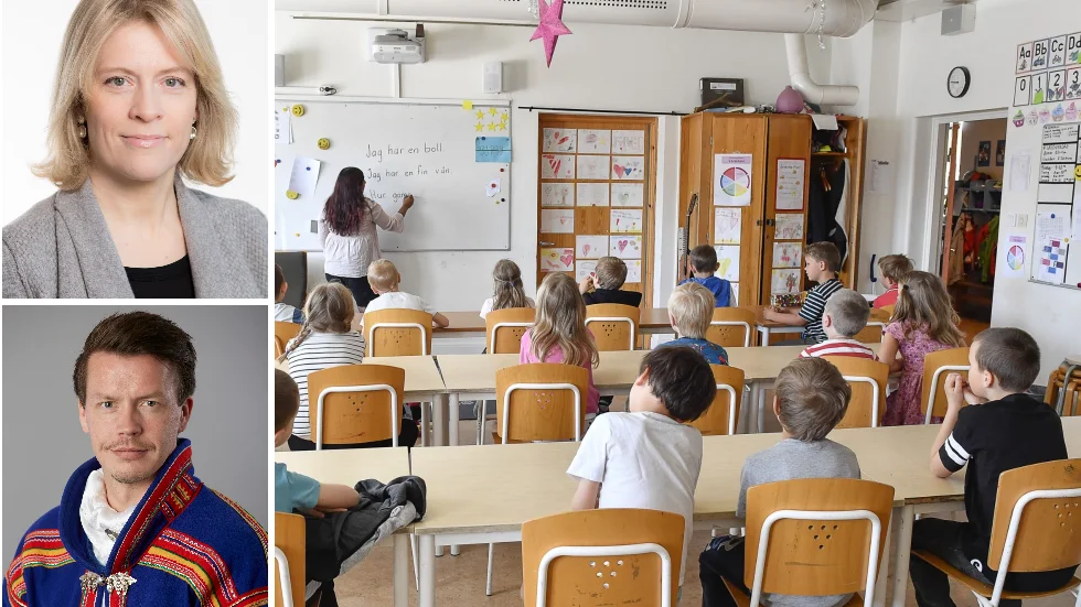 Torun Rudin, tillförordnad avdelningschef på skolverket samt Lars Miguel Utsi, Vice ordförande för sametinget. (Klassen på bilden är en genrebild och har ingenting med texten att göra. )