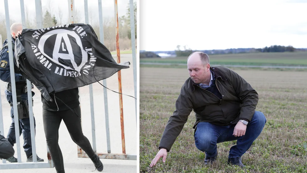 Johan Lagerholm, ordförande för LRF Sörmland, och en bild på när polisen ingriper mot ett antal djurrättsaktivister som kedjat fast sig vid ett slakteri i Attersta utanför Örebro.