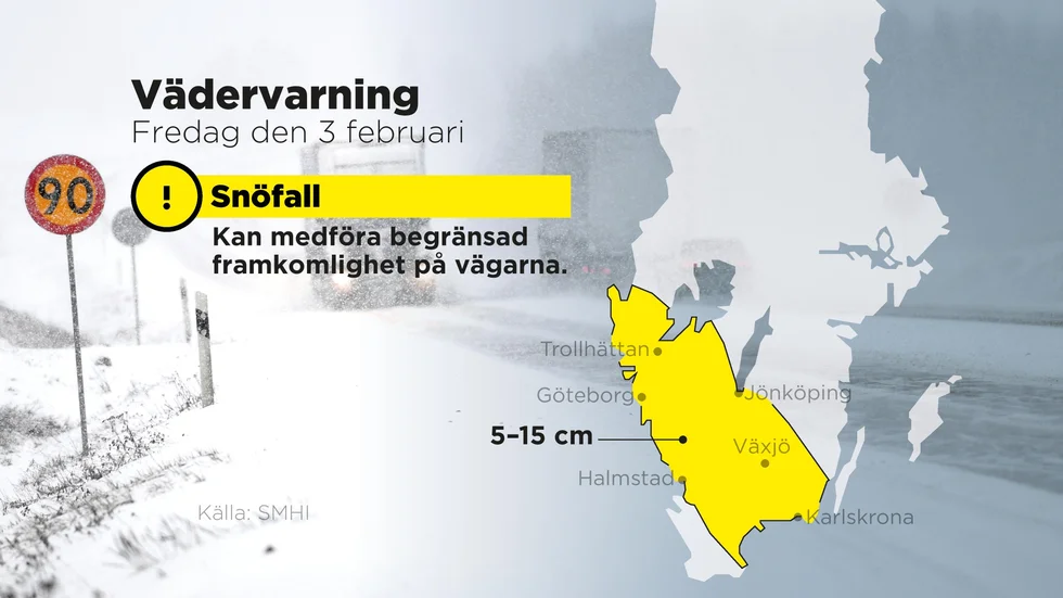 SMHI har utfärdat en gul varning för snöfall i stora delar av Götaland.