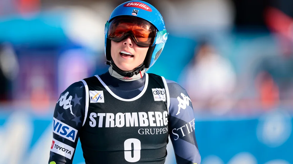 Mikaela Shiffrin efter målgången i super-G i Kvitfjell.