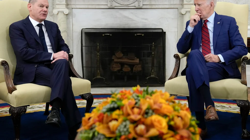 Tysklands förbundskansler och USA:s president Joe Biden i Vita huset.