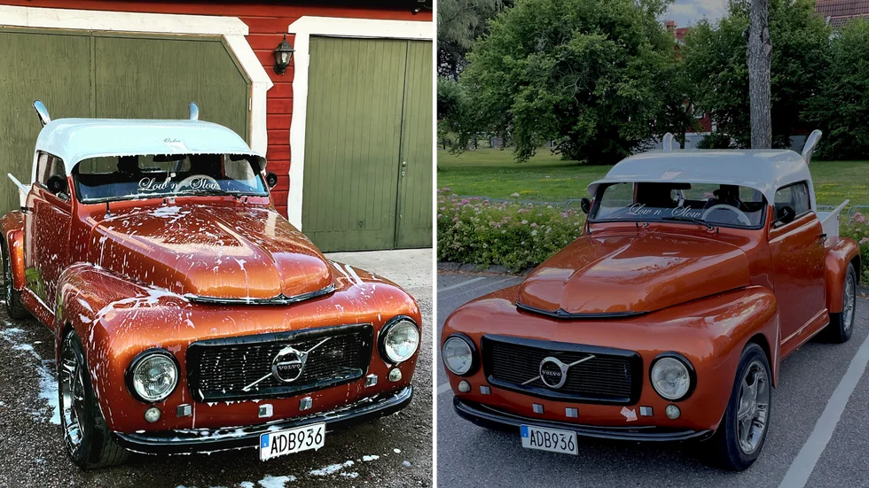 Riktigt gammal, ovanlig färg, och dessutom omgjord till EPA. André Flinks Volvo Duett från 1960 är "one of a kind".