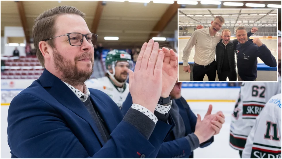 Fredrik Glader har tagit Narvik tillbaka till norska högstaligan. På den lilla bilden firar han tillsammans med Kalvis Ozols, assisterande tränare och Martin Persson, sportchef.