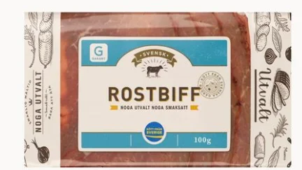 Denna rostbiff med bäst-före-datum 11 april 2024 återkallas efter att listeriabakterier upptäckts vid en rutinkontroll.