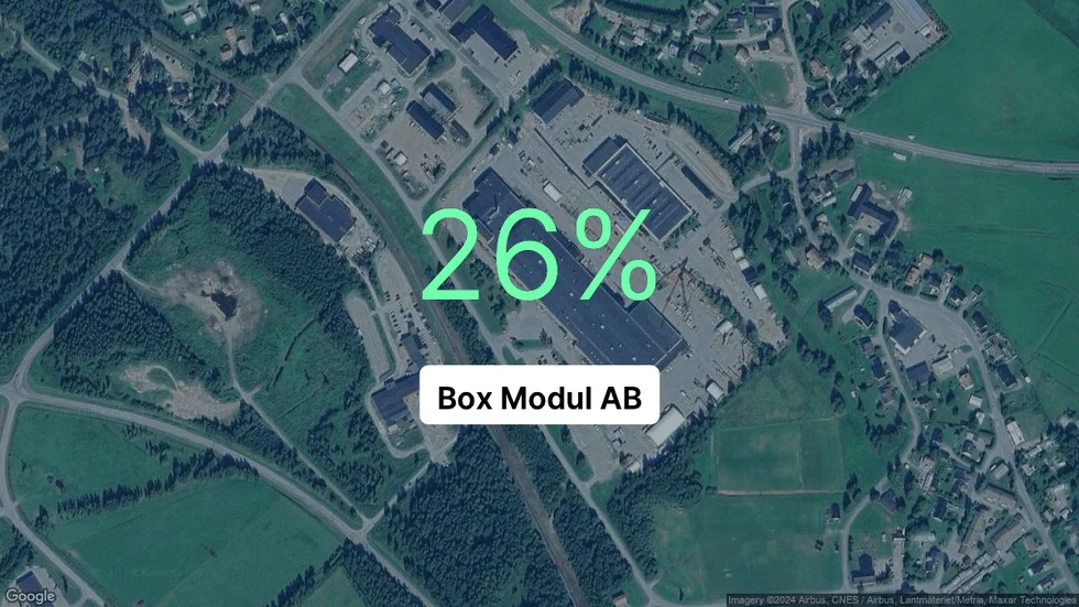 Illustrationen visar rörelsemarginalen för Box Modul för det senaste året. Bakgrunden är en satellitbild över företagets adress.