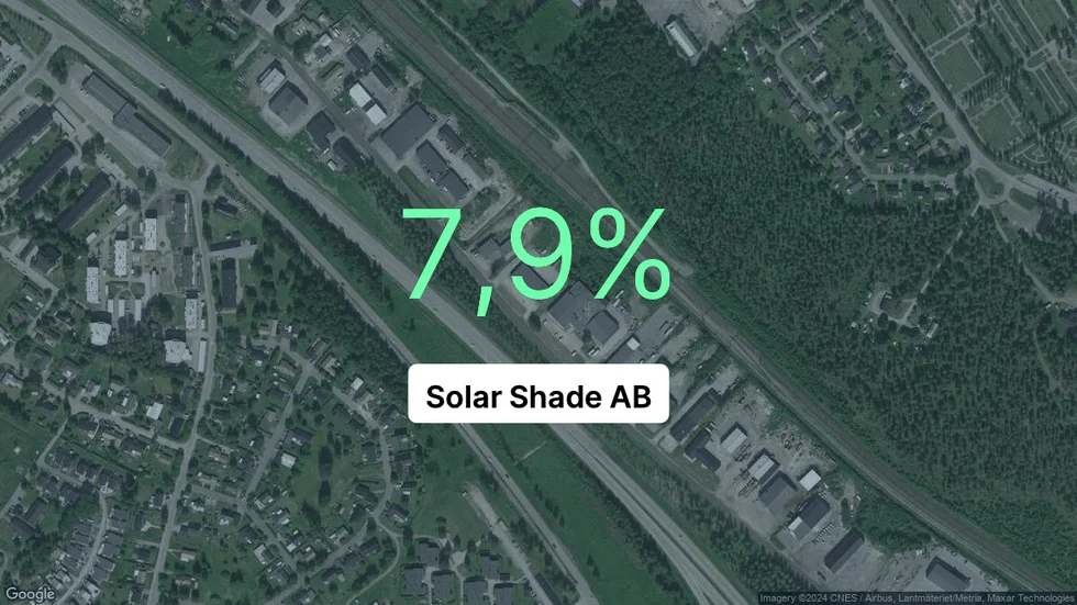 Illustrationen visar rörelsemarginalen för Solar Shade för det senaste året. Bakgrunden är en satellitbild över företagets adress.