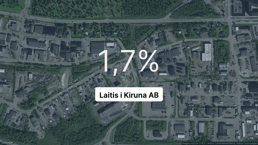 Illustrationen visar rörelsemarginalen för Laitis i Kiruna för det senaste året. Bakgrunden är en satellitbild över företagets adress.