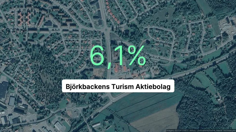 Illustrationen visar rörelsemarginalen för Björkbackens Turism för det senaste året. Bakgrunden är en satellitbild över företagets adress.