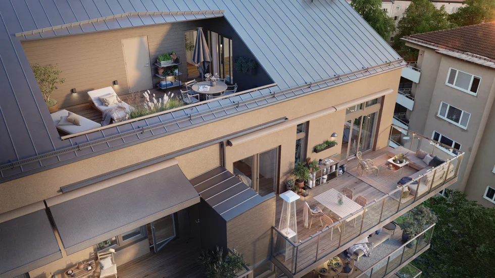 Projektets två etagelägenheter blir bland Uppsalas största lägenheter. Här får du känslan av att bo i hus med braskamin, spiraltrappa som tar dig mellan våningarna och dubbla terrasser som du når via stora skjutpartier. 