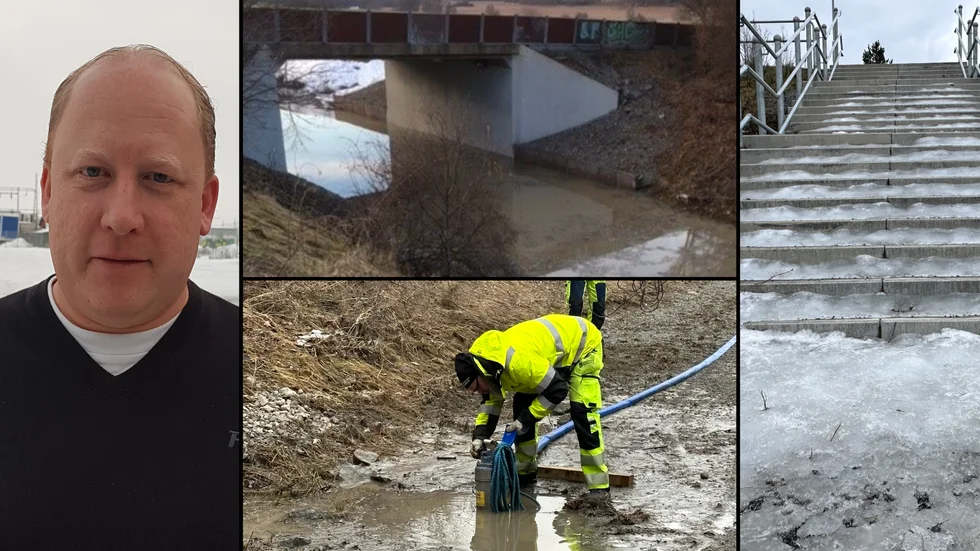 Joel Asplund Trafikverket, tunnel under riksväg 55, sanering, trappa is snö smältvatten