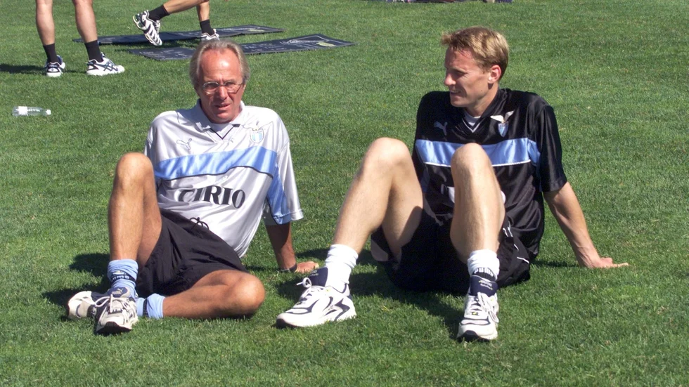 Sven-Göran Eriksson tillsammans med Kennet Andersson under Lazios träningsläger i Varberg sommaren 1999.