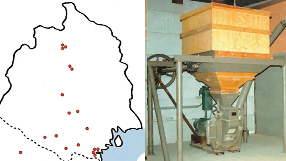 Beredskapslager i Norrbotten 1994, året före avvecklingen inleddes. Här lagrades livsmedel och livsmedelsråvaror, det fanns även kvarnar som bilden till höger visar, i ett beredskapslager i Lillpite.