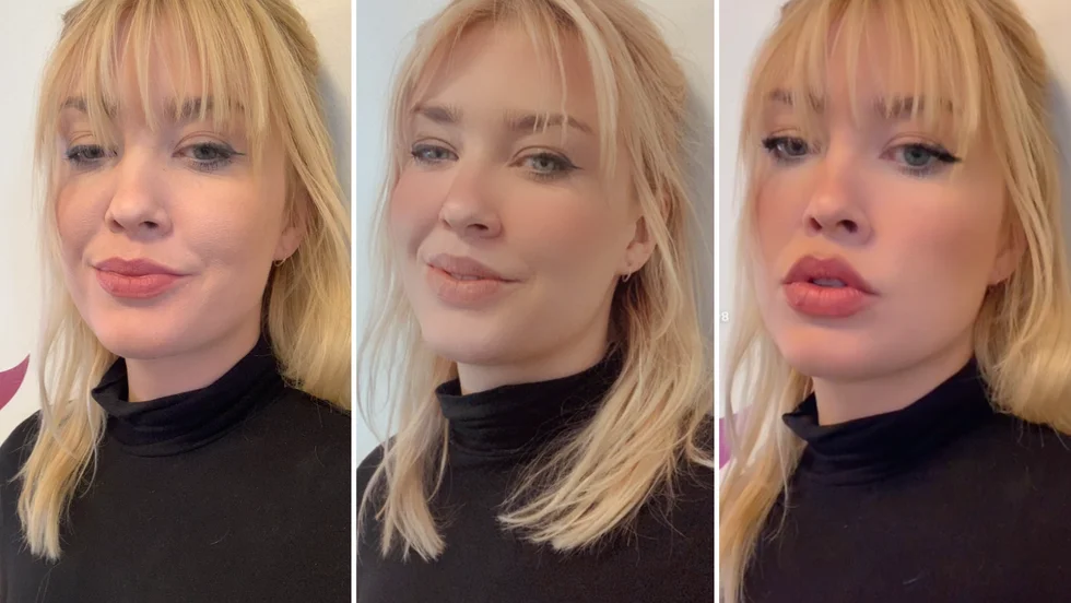 Reportern Carolina Lundin på en oredigerad selfie, en annan med filter från Instagram och en tredje med filter från Tiktok. 