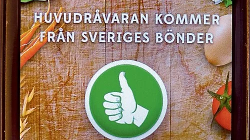 Tummen upp i appen Bonde på köpet betyder att just  det livsmedlet innehåller minst 70 procent svenska råvaror.