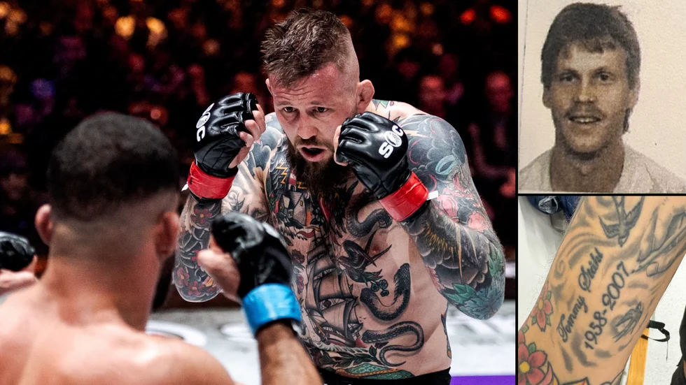 MMA-fightern Andreas Ståhl (tv) och Tommy Ståhl (uppe th). Nere till höger är Andreas hyllning till sin far, en tatuering på armen.