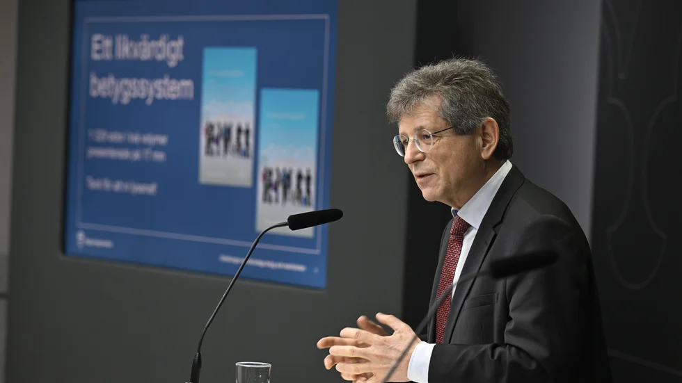 Utredaren Magnus Henrekson under den pressträff där betygsutredningens förslag presenterades på onsdagen.