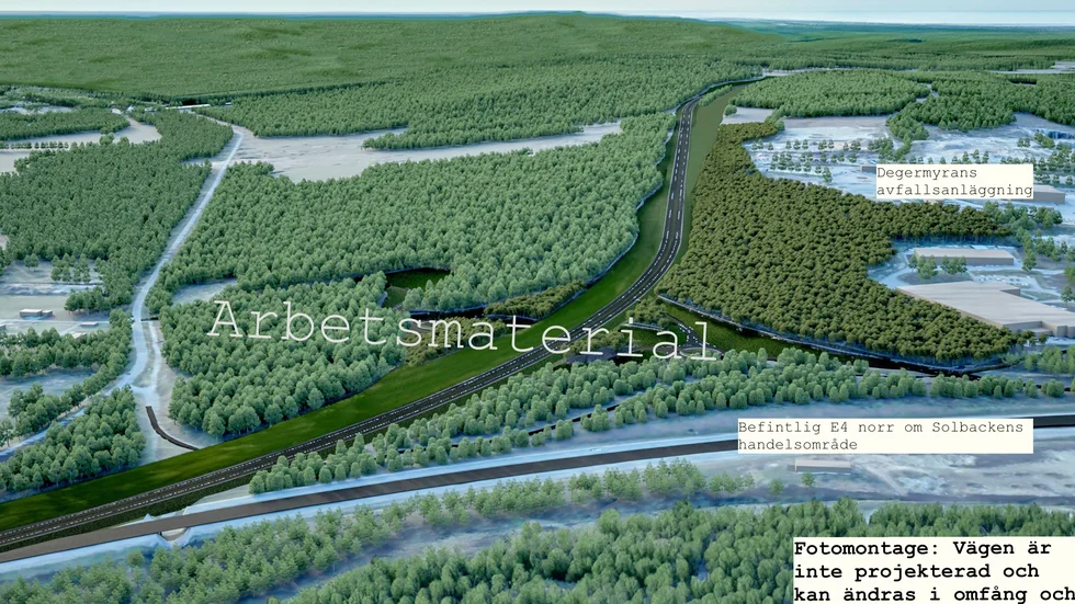 Här syns hur vägen kan ansluta till dagens E4 i backen ner mot Boviken. Kommuens avfallsavdelning protesterar eftersom deras deponier på Degermyran kan beröras. 
