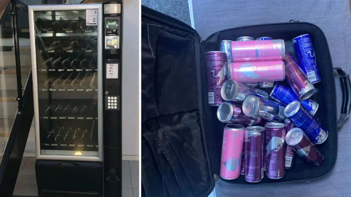 Kylen bröts upp och tömdes på redbull. Stödgodest glömdes dock kvar i en portfölj på platsen.