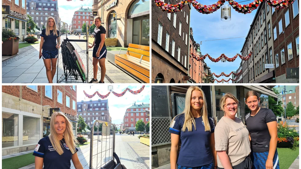 Gågatan förvandlas nu till sommargata. Alva Karlsson och Cajsa Karlsson från Eskilstuna United är med och hjälper till under hela sommaren.