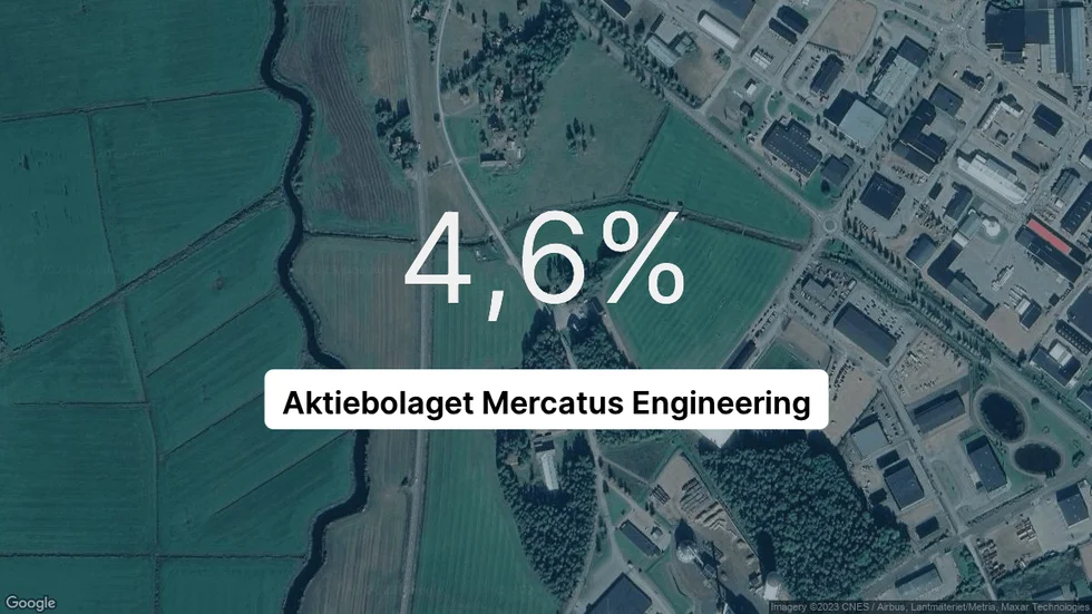 Illustrationen visar rörelsemarginalen för Mercatus Engineering för det senaste året. Bakgrunden är en satellitbild över företagets adress.