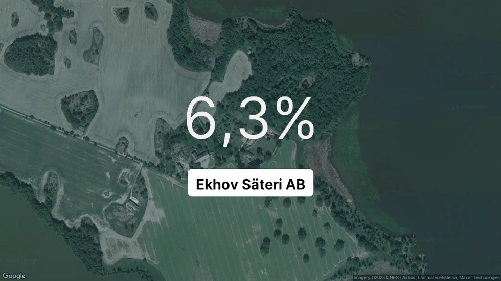 Illustrationen visar rörelsemarginalen för Ekhov säteri för det senaste året. Bakgrunden är en satellitbild över företagets adress.