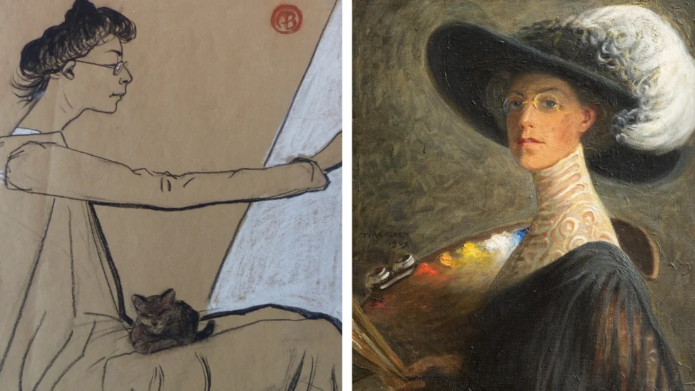 Arturo Bianchinis porträtt av Tyra Kleen (som så ofta med en katt i knät) och självportättet från 1919 med den utmärkande långa halsen.   