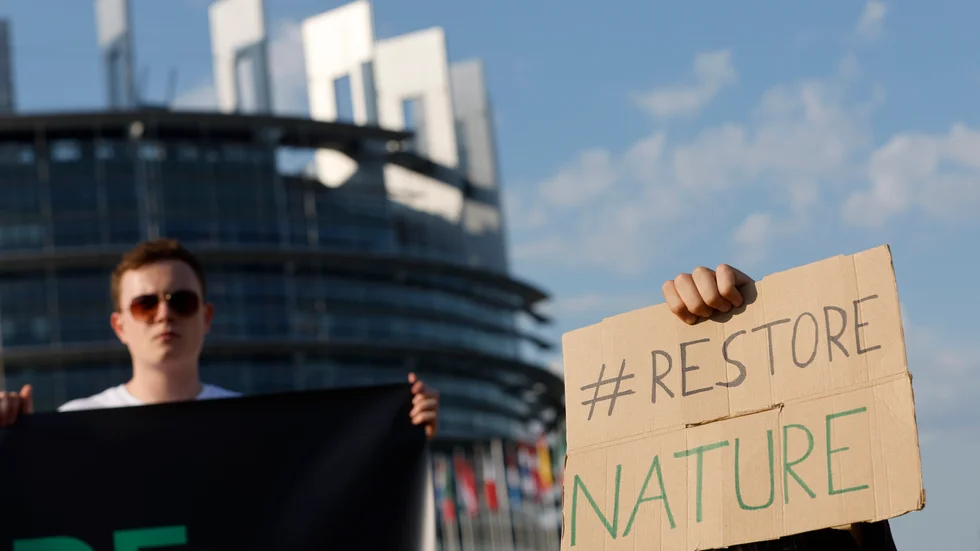 Klimataktivister demonstrerar i Strasbourg inför onsdagens omröstning om förslaget till naturrestaureringslag.