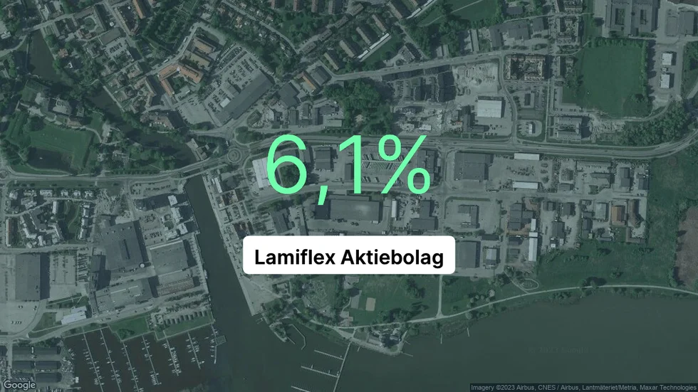 Illustrationen visar rörelsemarginalen för Lamiflex för det senaste året. Bakgrunden är en satellitbild över företagets adress.