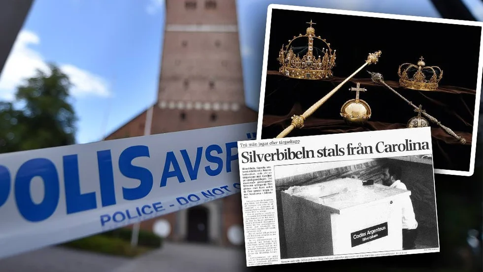 Montage. Stölden av regalier från Strängnäs domkyrka kan ha kopplingar till stölden av silverbibeln i Uppsala 1995.
