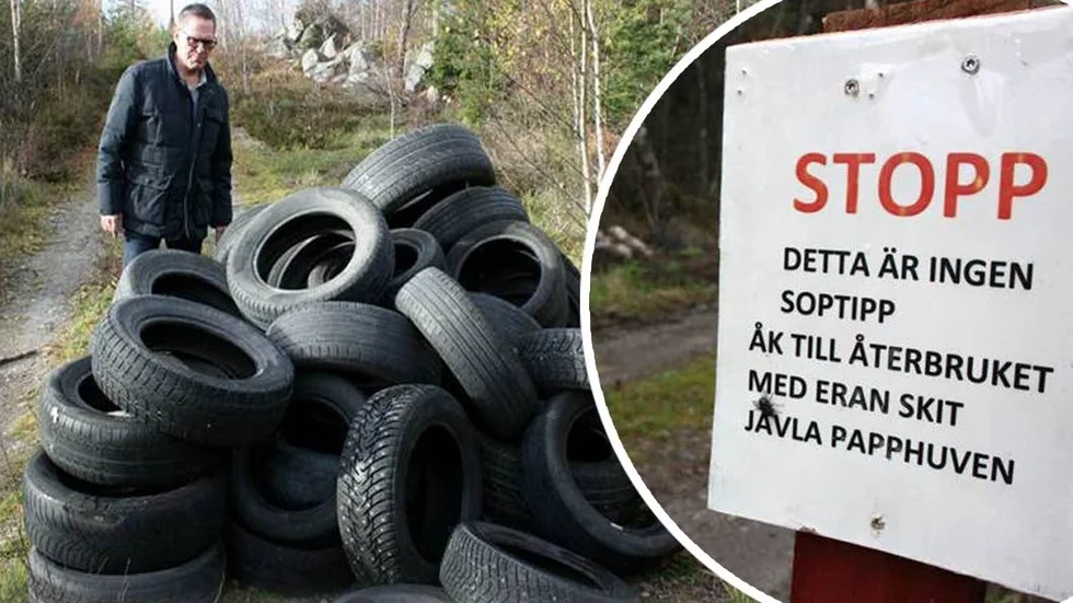 Arne Nordfors, ordförande för markägaren Trögds härads allmänningar vid några av de hundratals dumpade däcken.