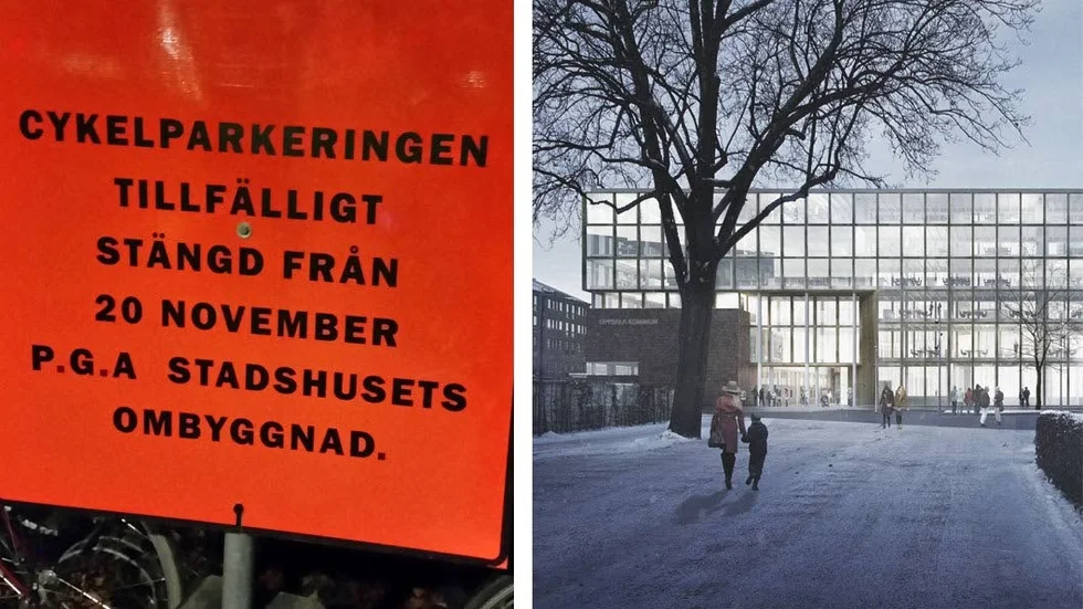 Stadshuset ska få ett nytt utseende och vid cykelparkeringen som försvinner i samband med arbetet har det satts upp skyltar.