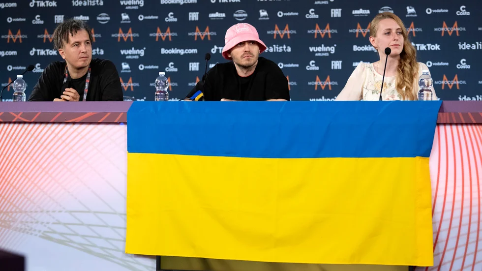 Ukrainas Kalush Orchestra på presskonferensen efter finalen i Eurovision Song Contest. Arkivbild.